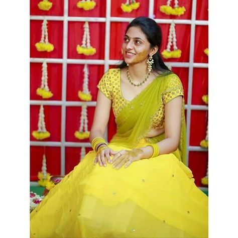 Srinithi In Style Boutique 💃🏻 (@srinithiboutiquee) • Instagram photos and videos Half Sarees For Haldi, Haldi Half Saree, Haldi Half Saree For Bride, Half Saree For Haldi, Haldi Blouse Design For Bride, Simple Haldi Ceremony Outfit For Bride, Haldi Bride Outfit, Haldi Saree Indian Bridal, Haldi Lehenga For Bride