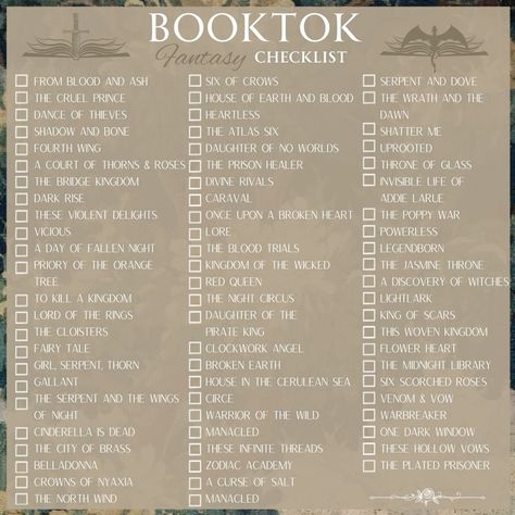 Some lists I found on Pinterest. There are soooo many I haven’t read. Have I even been reading???? Each one has a blank one so you can see how many you’ve read. Sorry to your TBRs 🫣🫣 Booktok Reading Checklist, Fantasy Reading List, Fantasy Book Challenge, Author Book Checklist, Popular Booktok Quotes, Fantasy Book Checklist, Book Checklist Template, Popular Fantasy Books, Booktok Fantasy Checklist