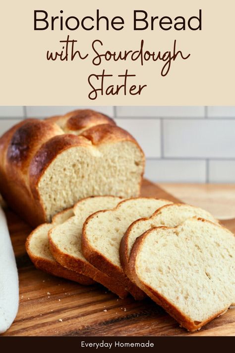 This Brioche Bread with Sourdough Starter recipe yields a soft, fluffy loaf perfect for Thanksgiving! Made with an active sourdough starter or discard and fermented overnight using the tangzhong method, it’s mixed with butter in a stand mixer. Ideal for sandwiches, French toast, and freezer-friendly for later use! Discard Sandwich Loaf, Sourdough Brioche Bread Recipe, Sourdough Discard Brioche Bread, Overnight Sourdough Sandwich Bread, Brioche Sourdough Recipe, Sourdough Active Starter Recipes, Sourdough Brioche Bread, Sourdough Loaf Bread Recipe, Active Sourdough Recipes