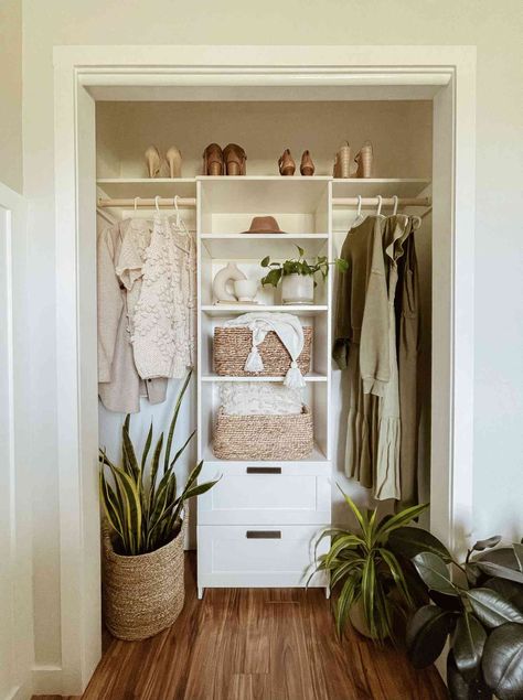 Ikea Closet Hack, Bookcase Closet, Cheap Closet, Ikea Built In, Ikea Bookcase, Closet Built Ins, Ikea Closet, Closet Hacks, Ikea Hack Ideas