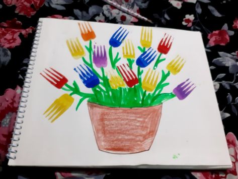 Fork Painting/ Activity for kids Fork Printing Activity, Fork Painted Flowers, Fork Art Painting, Fork Printing, January Kids Crafts, Foundation Classroom, Fork Painting For Kids, Painting Activity For Kids, Fork Painting