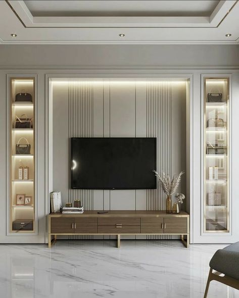 Modern Classic Tv Wall Design, Classical Tv Unit Design, Bedroom Lcd Panel, Classic Tv Wall Design, Contemporary Tv Wall, Lcd Unit Design, Classic Interior Design Living Room, Living Room Designs India, Living Room Classic