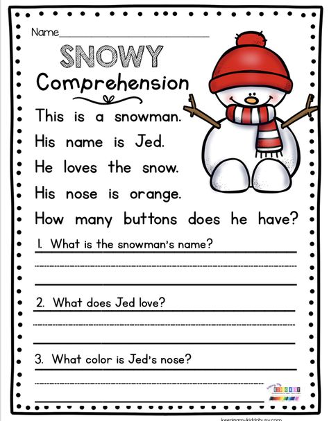 SNOWY COMPREHENSION - January winter themed math and reading centers - literacy stations for kindergarten and first grade - phonics and CVC words - word families - addition and subtraction - sight words - teen numbers - reading passages with comprehension and snowman sequencing - FREE printables - worksheets and activities #kindergarten #kindergartenphonics #kindergartenreading #kindergartenmath Grade 1 Reading Worksheets, 1st Grade Reading Worksheets, First Grade Reading Comprehension, Grade 1 Reading, Reading Comprehension Kindergarten, First Grade Phonics, Kindergarten Reading Worksheets, First Grade Worksheets, Worksheet For Kids