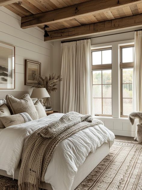 Beige Layered Bedding, Cozy Farmhouse Bedroom, Rustic Farmhouse Bedroom, Beautiful Bedroom Colors, Barn Apartment, Bedroom Addition, Future Bedroom, Earthy Bedroom, Cabin Bedroom