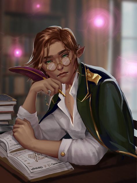 Dnd Character Art Half Elf Illusion Wizard Studying Fantasy Art Illusion Wizard Art, Ravnica Character Art, Fantasy Elf Professor, Fantasy Receptionist, Librarian Dnd Art, Half Elf Scholar, Librarian Dnd Character, Character Art Wizard, Fantasy Scholar Art