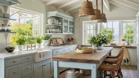 34 Dreamy Coastal Kitchen Ideas to Inspire You — Coastal Cottage by Celeste Kitchen Bench Seat, Cottagecore Bedroom Aesthetic, Beach Condo Remodel, Coastal Cottage Kitchen, Coastal Kitchen Ideas, Slipcovered Sofas, Condo Kitchen Remodel, White Farmhouse Sink, Patterned Tile Backsplash