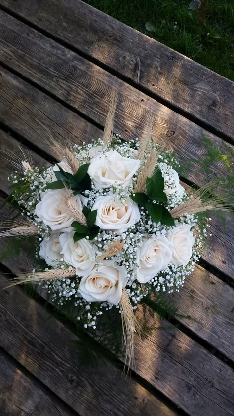 Bridal Bouquet With Wheat, White Roses And Wheat Bouquet, Wheat Wedding Bouquet, Bouquet With Wheat, Courthouse Bouquet, Hoco Flowers, Wheat Bouquet, Country Wedding Bouquets, Wheat Decorations