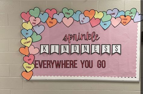 Valentine’s Day Bulletin Board Middle School, Valentine Bulletin Board Ideas For Office, Valentine’s Day Board For Work, Kindness Theme Bulletin Boards, Mental Health Valentines Bulletin Board, February Themed Bulletin Boards, Vday Bulletin Boards, Friendship Day Notice Board Decoration, Encouragement Bulletin Board Ideas