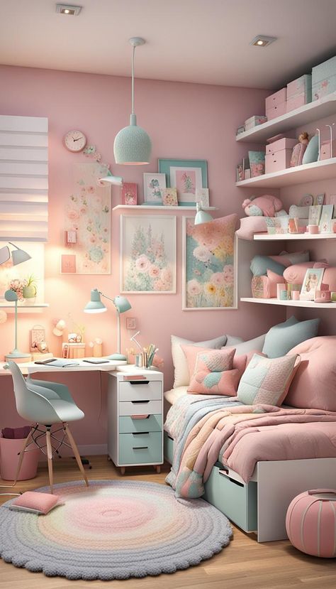 Cozy design of a girl's bedroom for small area#bedroom #design #girls #cosy #small_rooms Bedroom For 7 Year Girl, Cosy Girls Bedroom, 8 Year Girl Room Ideas, Kids Bedroom Ideas For Girls Age 7, Bedroom Ideas For 7 Year Girl, Pale Pink Girls Bedroom, Girls Room Small Space, Bedroom Ideas For 10 Yr Girl, Girls Bedroom Ideas 6 Yrs Old