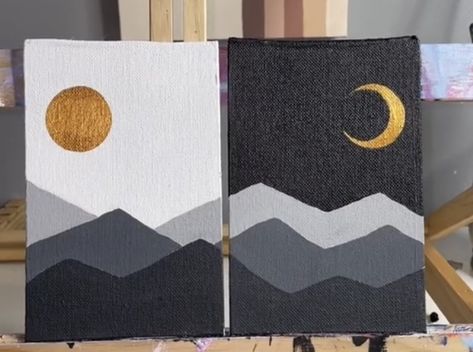 Pair Paintings Canvases, Polaroid Painting Ideas Aesthetic Easy, Painting Beginners Ideas, Easy Acrylic Painting Ideas Simple Aesthetic, Blue Acrylic Painting Ideas Easy, Easy Paintings Mountains, Painting Ideas For Date Night, Midnight Painting Easy, Painting For Bignners