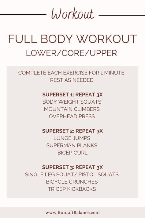 Full Body Workout! This workout consists of three supersets. Each superset consists of Upper Body, Lower Body and Core Movements. Perfect Strength Training for Runners! Strength Class Workout, Full Body Workout For Runners Strength Training, Core Superset Workout, Full Body Workout For Runners, Lower Body Superset Workout, Supersets For Women, Full Body Superset Workout, Lower Body Strength Workout, Accessory Workout