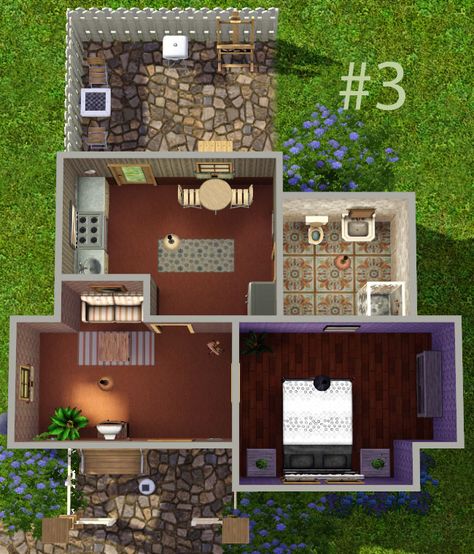 small and cute sims 3 home Sims 3 Inspiration, Sims Small House Layout, Sims 3 Small House, Guest House Layout, Row House Floor Plan, Big Family Small House, House Floor Plans 3 Bedroom, 3 Bedroom Layout, Layout Small House