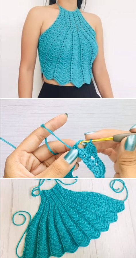 Beautiful Crochet Top - Tutorials & More Crochet Halter Top Pattern, Crochet Top Outfit, Crochet Bra, Crochet Crop Top Pattern, Mode Crochet, Crochet Ladies Tops, Crochet Tops Free Patterns, Crochet Free Patterns, Crochet Summer Tops