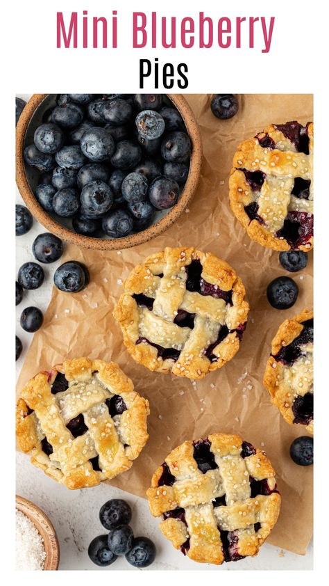 These mini blueberry pies are made with an easy blueberry filling, homemade pie crust, and all made in a muffin tin! Top each mini blueberry pie with a scoop of vanilla ice cream! This easy mini pie recipe is perfect for summer cookouts, Father's Day, Thanksgiving, and Christmas! Thanksgiving Blueberry Dessert, Fourth Of July Mini Pies, Blueberry Pie Tarts, Blueberry Thanksgiving Desserts, Simple Blueberry Dessert Recipes, Mini Pie Bites Desserts, Pies In Cupcake Tins, Blueberry Pie Mini, Blueberry Pie Muffins