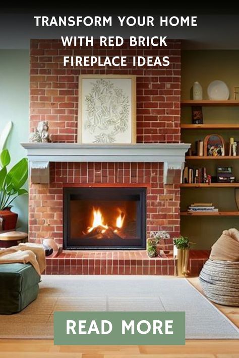 Cozy living room with a lit fireplace, red brick surround, decorative mantel, and comfortable seating area with a green wall in the background. Red Brick Fireplace With White Mantle, Red Brick Fireplace Makeover Ideas, Red Brick Fireplace Christmas Decor, Living Room With Red Brick Fireplace, Red Brick Fireplace Ideas, Red Brick Fireplace Decor, Red Brick Fireplace Living Room, Red Brick Fireplace Makeover, Brick Fireplace Makeover Ideas