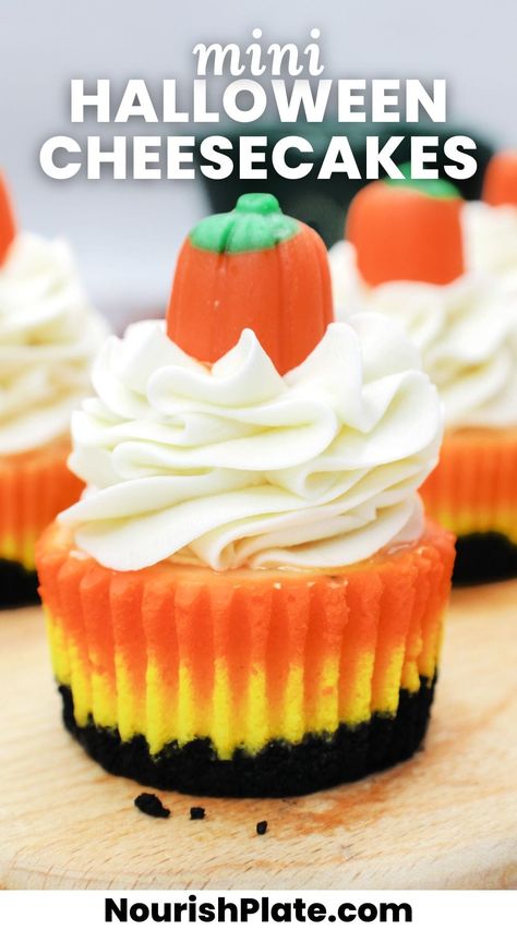 Candy Corn Mini Cheesecakes Candy Corn Cheesecake, Diy Halloween Desserts, Holidays Desserts, Cheesecake Minis, Halloween Cheesecake, Candy Pumpkins, Halloween Dessert Ideas, Fun Halloween Desserts, Individual Cheesecakes