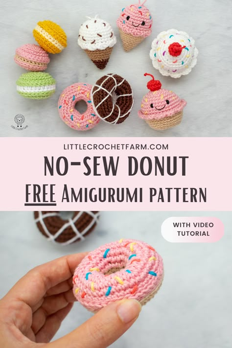 Minindonut free amigurumi pattern! Super cute and fast amigurumi to crochet! No sewing required for this crochet toy! Part of the amigurumi sweet party collection, you can find the cupcake, ice cream cone, macaroons and donut, all no-sew amigurumi patterns! Plus, a complete video tutorial to help you out! You Caan find them all on littlecrochetfarm.com Amigurumi Dessert, Amigurumi Donut, Crochet Donut, Crochet Cupcake, Slip Stitch Crochet, Fast Crochet, Quick Crochet Projects, Crochet Keychains, Easy Amigurumi