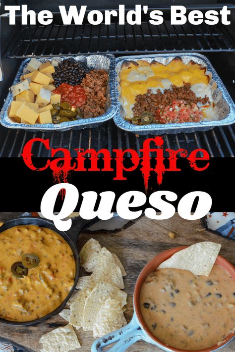 Campfire Queso, Cheesy Queso Dip, Camping Menu, Camping Foods, Campfire Recipes, Camp Food, Easy Camping Meals, Lake Food Ideas Summer, Lake Food Ideas