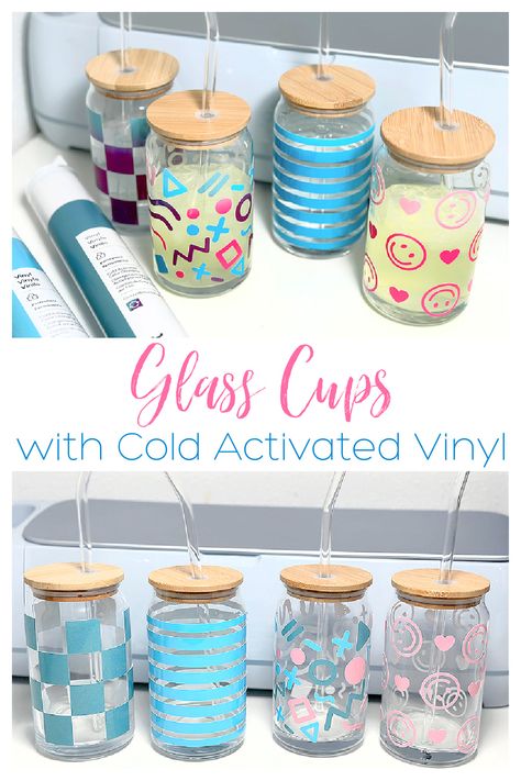 How To Make Glass Cups With Cricut, Cricut Vinyl Tumbler Ideas, Cold Activated Vinyl Ideas, Cricut Color Changing Cup Ideas, Vinyl On Plastic Cups, Cute Cricut Projects To Sell, Vinyl For Glass Cups, How To Make Glass Cups With Vinyl, Vinyl On Glass Cups