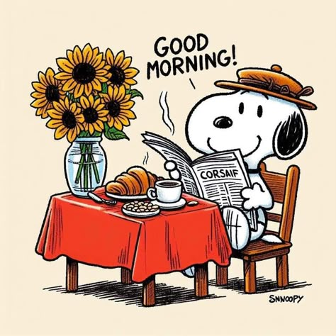 Snoopy Morning, Snoopy Good Morning, Good Morning Snoopy, Woodstock Snoopy, Happy Day Quotes, Snoopy Cartoon, Funny Emoji Faces, Happy Week End, Cute Good Morning Images