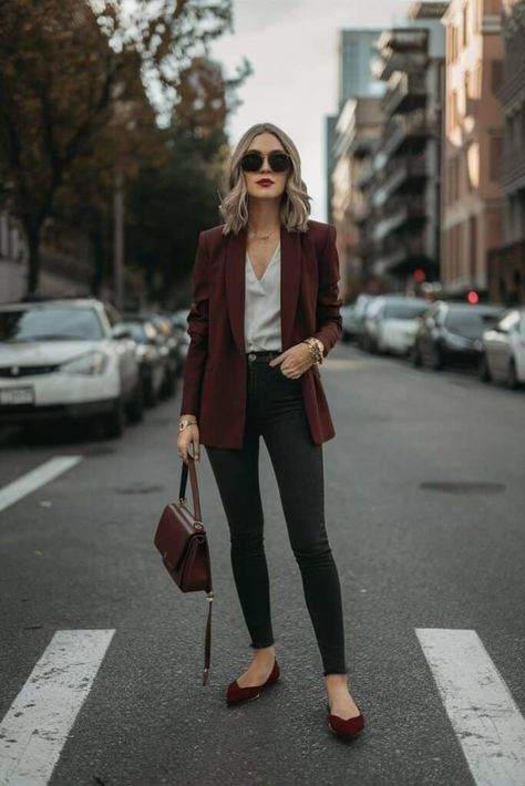 16 Burgundy Fall Outfit Ideas for Women » Lady Decluttered Burgundy Trend 2024, Psychologist Clothes, Burgundy Blazer Outfit Woman, Winter Nyc Outfits, Burgundy Blazer Outfit, Minimalist Fall Outfits, Burgundy Sweater Outfit, Fall Outfits With Jeans, Outfit Ideas With Jeans