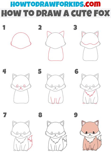 how to draw a cute fox step by step Cute Animals Drawings Step By Step, Fox Step By Step Drawing, Fox Drawing Easy Step By Step, How To Draw Chibi Animals, Draw Fox Easy, How To Draw A Fox Step By Step, How To Draw A Animal, Fox Drawing Step By Step, How To Draw A Fox Easy