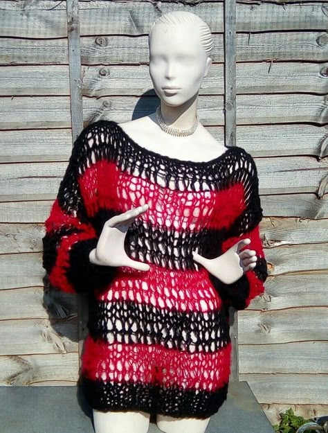 Holey punk jumper, light weight wool and acrylic mix Alt Crochet Sweater, Punk Knitting Patterns, Crochet Punk Clothes, Holey Crochet Sweater, Punk Crochet Patterns, Punk Crochet Patterns Free, Holey Sweater, Alt Crochet, Punk Crochet