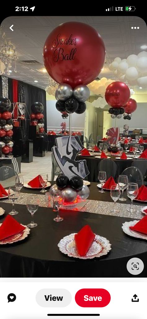 Sweet 16 Jordan Theme, Sneak Ball Party, Air Jordan 1 Party Decorations, Sneaker Gala Cake Ideas, Red Carpet Sneaker Ball, Sneaker Ball Anniversary Party, Sneaker Bday Party, 40th Sneaker Ball Party, Jordan Party Centerpieces