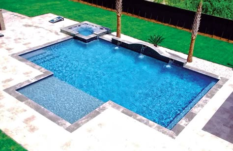 Walk In Pools Backyard, Small Rectangle Pool, Gunite Pool Ideas, Small Inground Pool Ideas, Pool Design Plans, Rectangle Swimming Pools, Blue Haven Pools, Backyard Vacation, Ideas De Piscina