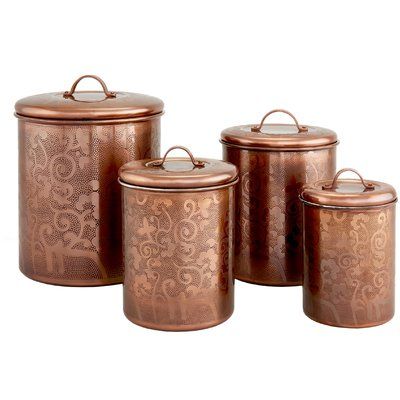 Old Dutch Avignon 4 Piece Etched Kitchen Canister Set Color: Antique Copper Copper Canisters, Stainless Steel Food Storage, Tuscan Decor, Western Stuff, Kitchen Canister Set, Farmhouse Decorating, Countertop Storage, Old Dutch, Copper Kitchen