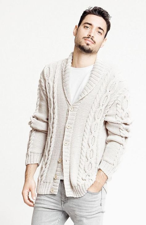 Free Knitting Pattern for a Cabled Man's Cardigan - Knitting Bee Mens Shawl Collar Sweater, Cable Cardigan Knitting Patterns, Mens Fashion Cardigan, Mens Shawl Collar Cardigan, Cardigan Free Pattern, Mens Knitted Cardigan, Fisherman Knit Sweater, Men Cardigan, Trendy Knitting