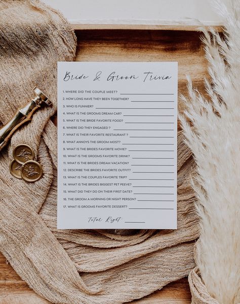 Minimalist Bride or Groom Bridal Shower Game, Bridal Shower Trivia Game, Engagement Party Couple Game, Printable Card, Editable, Canva by pristinedesignprints on Etsy Couple Shower Games, Baby Trivia, Bridal Party Games, Fun Bridal Shower Games, Minimalist Bride, Wedding Shower Games, Bachelorette Games, Baby Facts, Spring Baby Shower