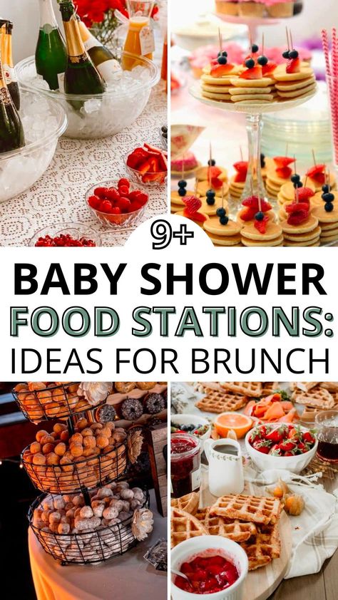 Elevate your baby shower brunch with these creative food station ideas! From a mouthwatering parfait bar to a savory bagel spread, discover easy and make-ahead options that will impress your guests. These baby shower food ideas will be loved by all! Easy Baby Shower Breakfast Food, Easy Brunch Shower Food, Bagel Bar Baby Shower Brunch Party, Brunch Party Finger Foods, Brunch Ideas For Party, Brunch Ideas For Baby Shower Lunches, Baby Boy Shower Brunch Food Ideas, Morning Baby Shower Food, Fall Baby Shower Brunch Food Ideas