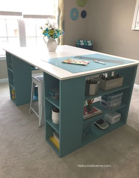 This DIY craft table provides lots of room for crafting and sewing. Get the details here. #DIYcraftroomtable #craftroomtable #sewingtable Diy Craft Table, Office Craft Room Combo, Craft Room Tables, Craft Table Diy, Sewing Room Inspiration, Craft Sewing Room, Sewing Craft Room, Sewing Room Design, Dream Craft Room