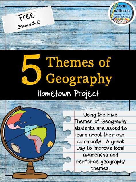 FREE Five Themes of Geography Activity Apply the five themes of geography to your home town! Everything included to get started today! 5 Themes Of Geography, Geography Printables, Geography Themes, Five Themes Of Geography, Middle School Geography, Themes Of Geography, Geography Classroom, 7th Grade Social Studies, Geography Project