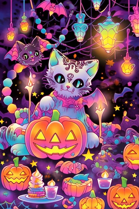 Psychedelic and nostalgic rainbow fun just in time for Halloween! Colorful Spooky Aesthetic, Lisa Frank Halloween Wallpaper, Halloween Lisa Frank, Rainbow Goth Aesthetic, Witchy Phone Wallpapers, Halloween Wallpaper Phone, 90s Photo Booth, Spooky Painting Ideas, Lisa Frank Halloween