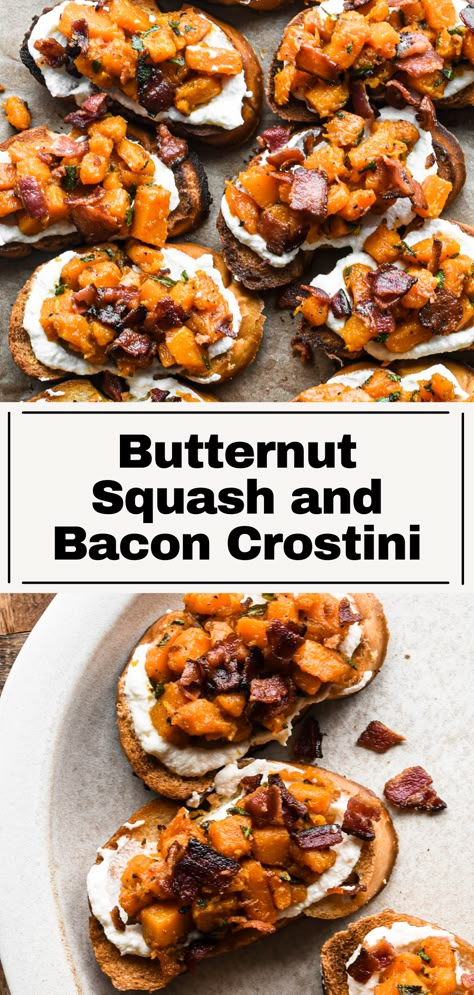 Butternut Squash And Bacon Crostini, Fall Appetizer Recipes Healthy, East Fall Appetizers, Butternut Squash Party Food, Bacon Wrapped Butternut Squash, Fall Harvest Appetizers, Fall Amuse Bouche, Savory Fall Brunch Ideas, Fall Veggie Appetizers