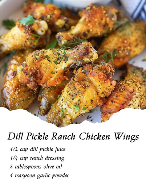 Dill Pickle Ranch Chicken Wings Dill Pickle Ranch Chicken Wings, Chicken On A Stick Recipe, Dill Pickle Ranch, Smoker Meals, Wings Appetizers, Pickle Ranch, Ranch Chicken Wings, Ranch Wings, Wings Oven