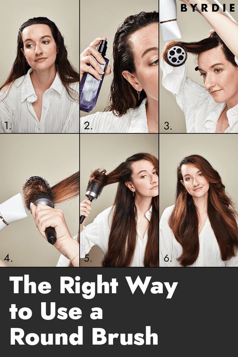 How to Use a Round Brush to Achieve the Blowout of Your Dreams Round Blow Dryer Brush Tutorial, How To Round Brush Your Own Hair, How To Use A Round Brush, Blowout With Round Brush, How To Blow Dry Hair With Round Brush, Round Brush Tutorial, Round Brush Blowout, At Home Blowout, Best Round Brush