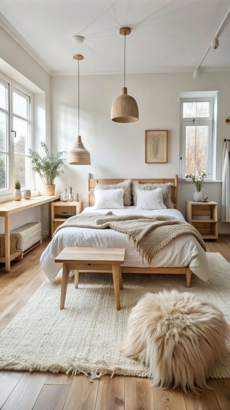 Primary Bedroom Scandinavian, Beige And Wood Bedroom Ideas, Small Bedroom Scandinavian Style, Small Scandinavian Bedroom Ideas, Nordic Bedroom Ideas Scandinavian Design, Scandinavian Loft Bedroom, Bedroom Inspirations Wooden Bed, My Scandinavian Bedroom, Nordic Bedroom Scandinavian