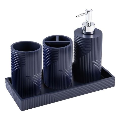 Kralix 4pc Sedona Resin Paint Coated Bath Accessory Set - Bed Bath & Beyond - 37623308 Modern Blue Bathroom, Modern Bathroom Accessories Set, Bathroom Linen Closet, Navy Blue Bathrooms, 4 Piece Bathroom, Soap Dispenser Set, Navy Bathroom, Blue Bathroom Accessories, Bathroom Sink Decor