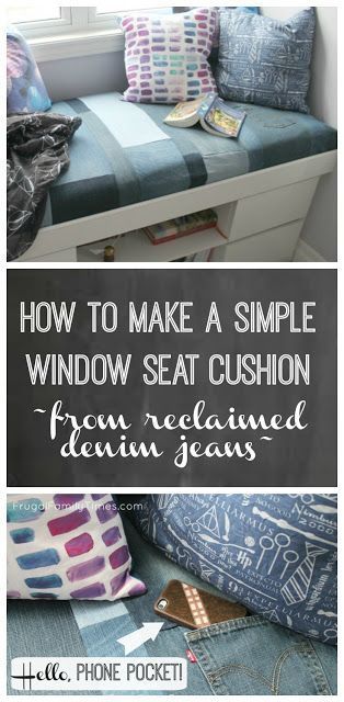 How to make a window seat cushion. This cushion can be no-sew - if you use one piece of fabric. We made a patchwork, thrifted denim cover of old jeans. Even included a pocket for our teen daughter's phone! Decorating with denim jeans is great for teens. #denim #windowseat #teengirlbedroomideas #howto #ikeahack #builtins #easysewing #nosew Diy Window Seat Cushion, Make A Bench Cushion, Make A Window Seat, Thrifted Transformation, Make A Bench, Make A Window, Diy Window Seat, Thrifted Denim, Window Seat Cushion