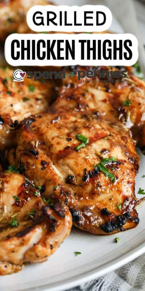 Grilled Chicken Thighs are soaked in a balsamic-rosemary marinade, then grilled! These are perfect to serve for a backyard barbeque with family or friends! Don't forget the macaroni or potato salad. #spendwithpennies #grilledchickenthighs #recipe #maindish Best Chicken Thigh Marinade For The Grill, Grilled Chicken Thigh Kabobs, Barbaque Sauces For Chicken, Juicy Chicken Thigh Recipes, Boneless Chicken Thigh Marinade, Grilled Boneless Skinless Chicken Thigh Recipes, Chicken Thigh Marinade For The Grill, Chicken Thigh Grill Recipes, Rosemary Marinade