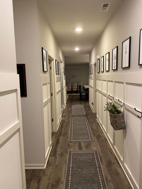 Long Hallway Board And Batten, Hallway With Board And Batten, Grey Board And Batten Wall, Grey Board And Batten, Hallway Board And Batten, Board And Batten Hallway, Tall Foyer, Black Hallway, Hallway Pictures