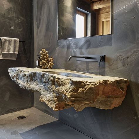 Introducing the “Aether Basin” – a surreal bathroom sink that defies gravity with floating rocks, blending natural beauty and futuristic design for an otherworldly experience. Conceptual AI Art Follow @ecosapiens for more! Vanity Basins Modern, Rock Sinks Bathroom, Unique Sinks Bathroom, Fossil Bathroom, Rock Bathroom Ideas, Rock Bathtub, Rock Sink, Stone Sink Bathroom, Bathroom Sinks And Vanities