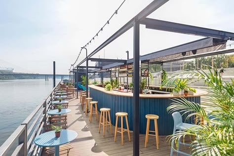 Waterfront Restaurant Design, Floating Pavilion, Silicone Valley, Waterfront Architecture, Riverside Restaurant, Science Centre, Coastal Architecture, Outdoor Restaurant Design, Center Park