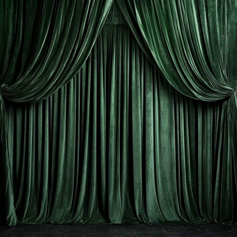 Stage Green Aesthetic, Velvet Curtain Backdrop, Green Curtain Backdrop, Draped Fabric Backdrop, Green Velvet Aesthetic, Green Speakeasy, Stage Curtains Backdrop, Velvet Green Curtains, Emerald Green Color Scheme