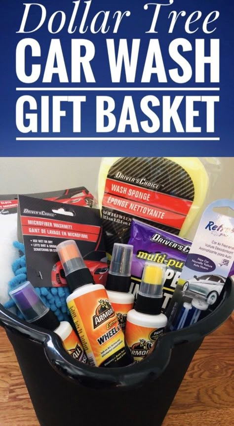 The Dollar Tree Car Wash Gift Basket is simple and only $10 to make. Give it to the men in your life with cash or a gas card. The perfect gift for men and teenage boys. #dollartree #giftbaskets #giftbasketideas #giftsformen Gas Card, Auction Gift Basket Ideas, Fundraiser Baskets, Raffle Basket Ideas, Diy Gifts For Christmas, Raffle Ideas, Dollar Tree Gifts, Homemade Gift Baskets, Gift Baskets For Him