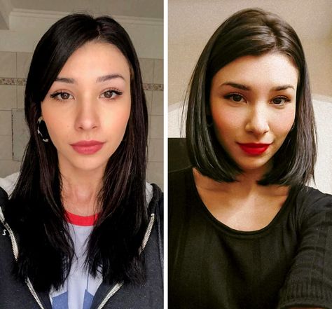 15 People Who Followed Reddit Users’ Advice and Boldly Got a New Hairdo Growing Out Short Layered Hair, Short Vs Long Hair Before And After, Bob Haircut Plus Size, Awkward Hair Length, Hair From Long To Short, Short Hair Vs Long Hair, Gamine Hair, Before After Haircut, Bangs And Balayage