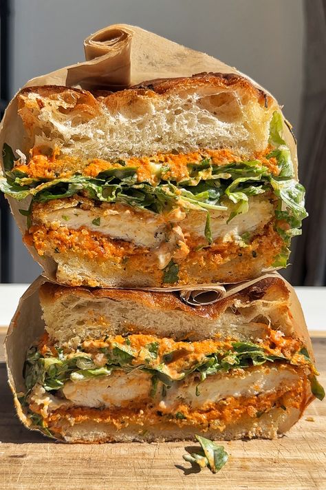 Crunchy Chicken Romesco Sandwich Spanish Sandwiches Recipes, Sourdough Sandwiches Recipes, French Onion Chicken Sandwich, Spinach Artichoke Sandwich, Challah Bread Sandwich, Authentic Italian Sandwich, Work Lunch For Husband, Fried Chicken Cutlet Sandwich, Cajun Sandwich Recipes